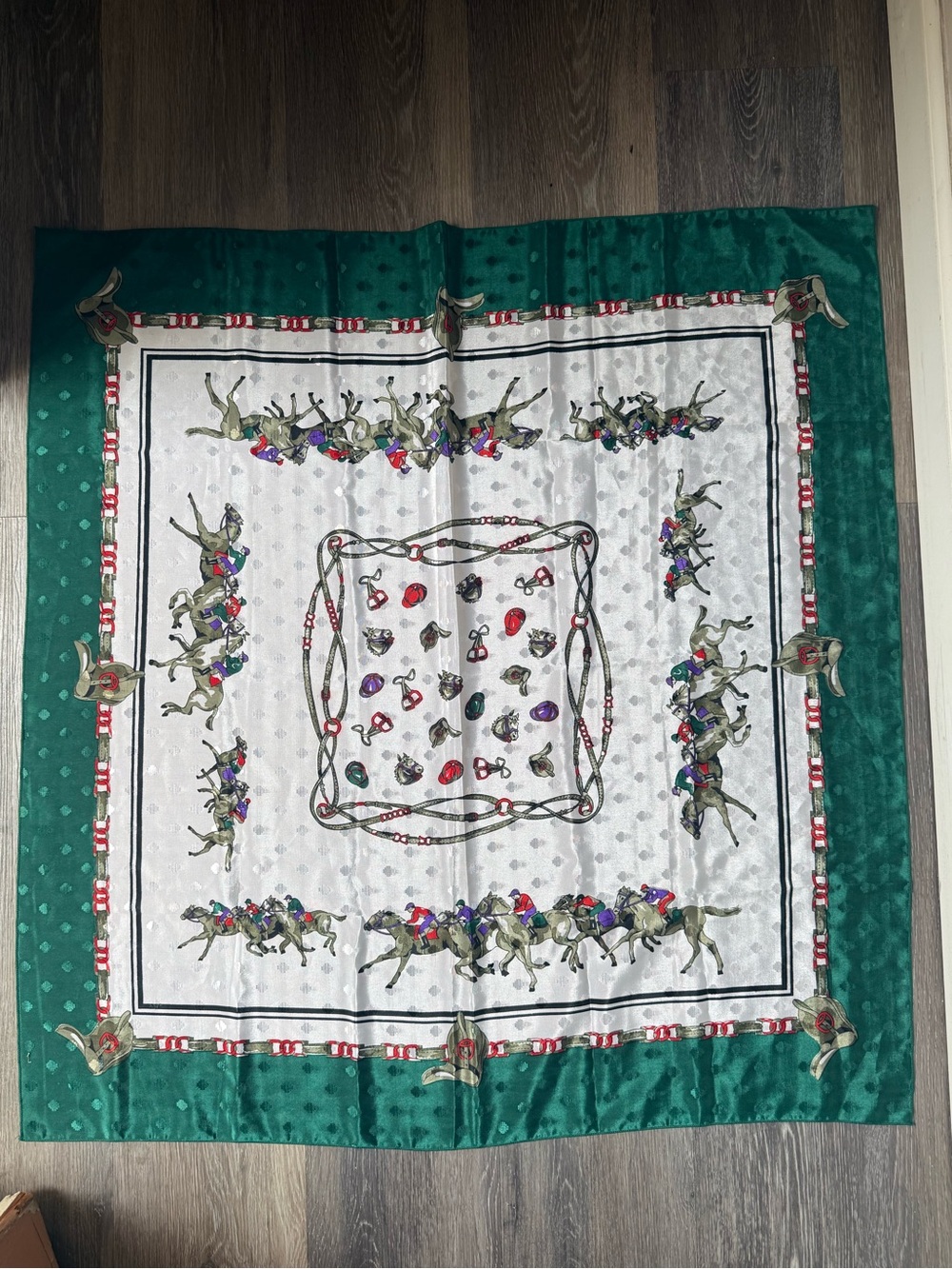 Vintage Equestrian Print Scarf in Emerald Green & White with Horses